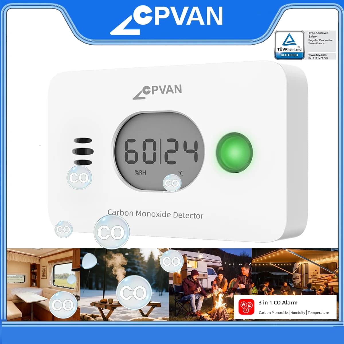 Rilevatore di monossido di carbonio CPVAN 3-in-1 conforme allo standard EN50291, rilevatore di CO con sensore di umidità e temperatura per cucina, camper e allarme CO.