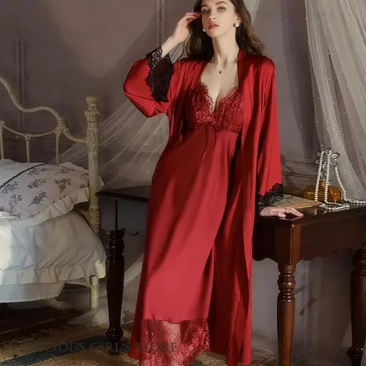 Kimono in raso setoso Accappatoio Abito lungo femminile sexy Lingerie Indumenti da notte Camicia da notte Set Pigiama Patchwork Abito da notte in pizzo