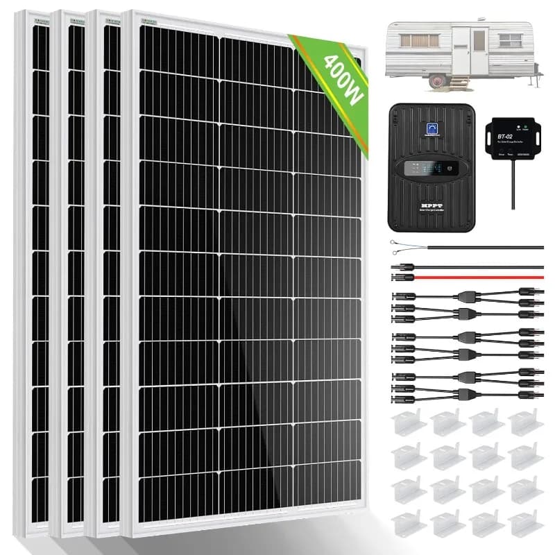 Kit pannello solare Premium da 400 Watt 12 Volt: pannello solare 4 pezzi 100 W + regolatore di carica MPPT 40 A + modulo Bluetooth + montaggio