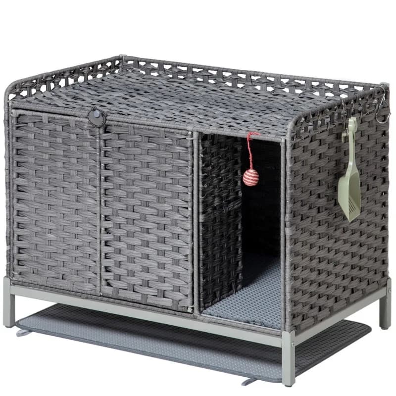 muebles para gatos Large Space Rectangle Cat Litter Box Enclosure with Soft Litter Mat and Handwoven Rattan Hidden Washroom Fur