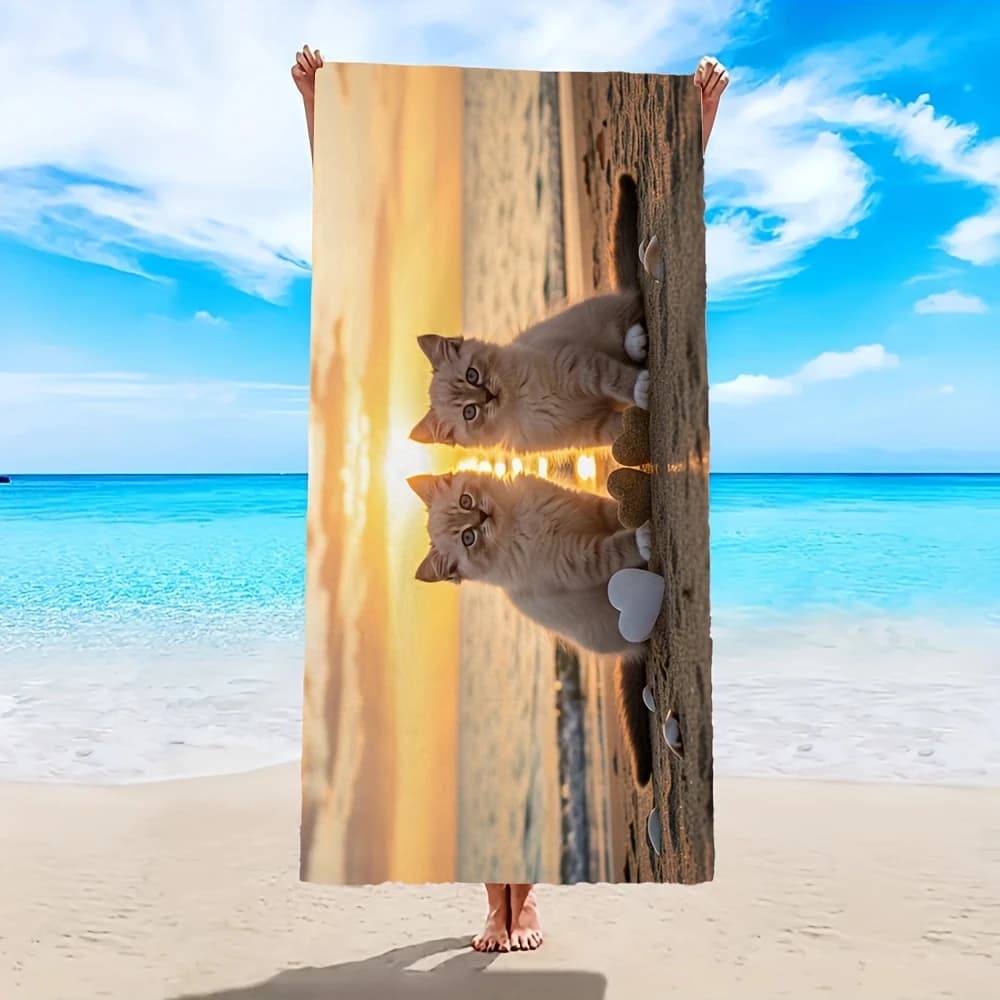 Asciugamano da Spiaggia in Microfibra con Motivo Gattino e Tramonto, Super Morbido, ad Asciugatura Rapida, Altamente Assorbente per Piscina, Viaggi, Estate