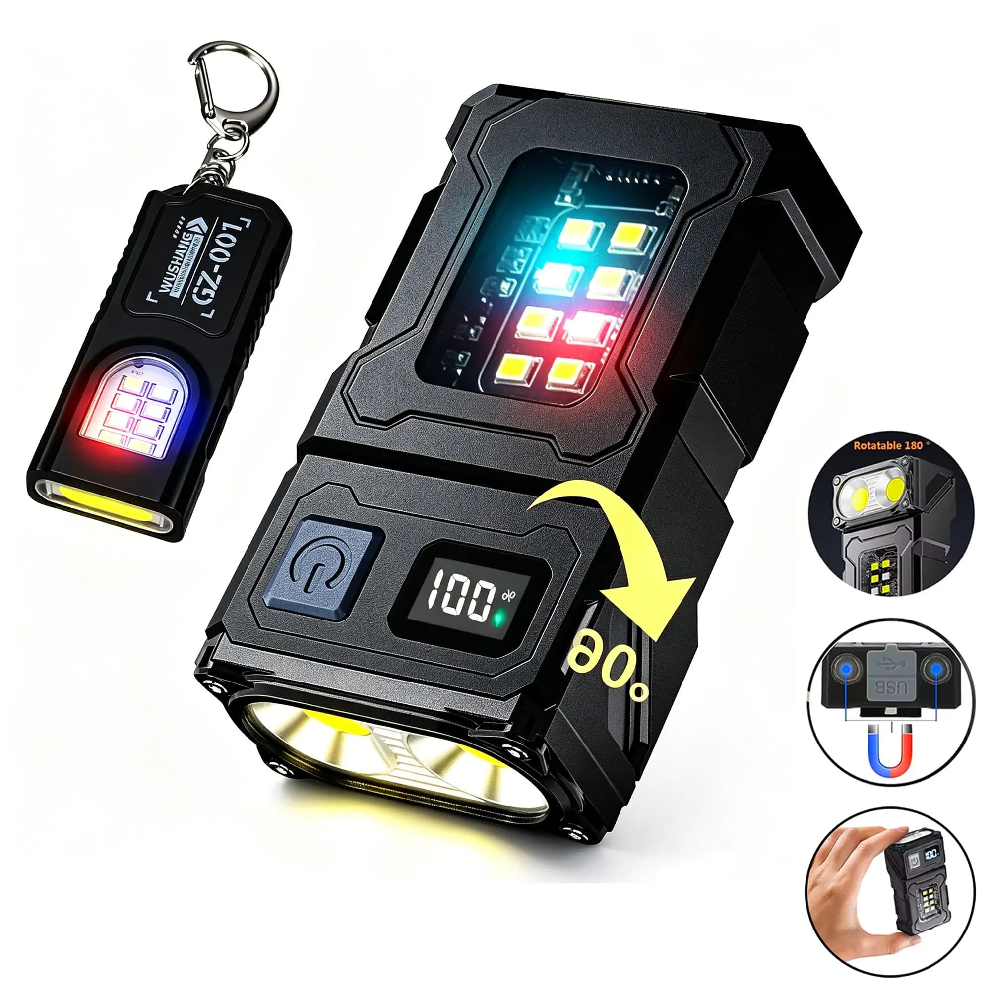 BALDR 180 ° Torcia LED girevole Portachiavi Luce 20W 500LM Torcia portatile ricaricabile USB piccola con display digitale magnetico