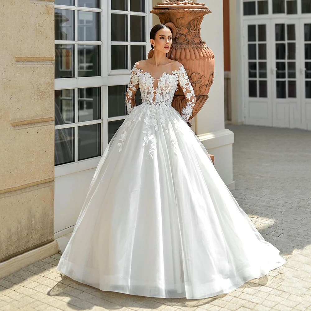 Luxury Long Sleeve V Neck A-Line Wedding Dreses Appliques Lace Formal Bride Gown 2025 Vestido De Noiva Bridal Dress Customized