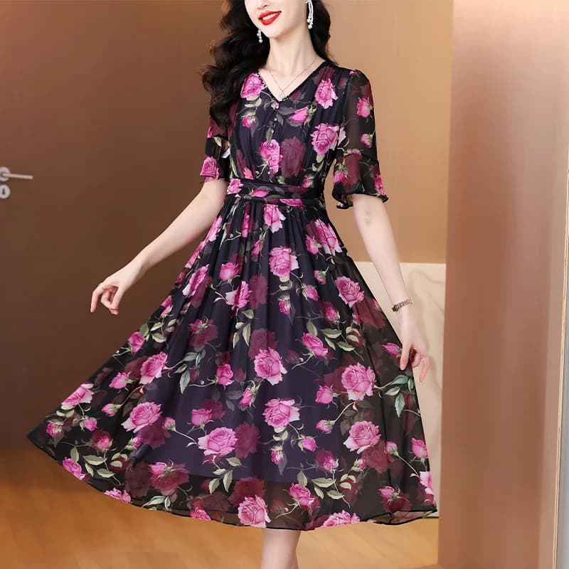 Women Boho Floral Chiffon V-Neck Midi Dress Summer Fashion Light Casual Beach Sundress 2026 Korean Elegant Bodycon Party Dresses