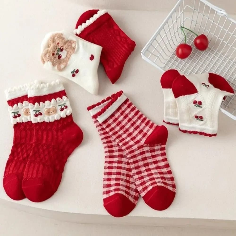Calzini di Capodanno per bambini in cotone Fiore di ciliegio Orso Cartone animato Coniglietto Coniglio Calze per bambini Buona fortuna Calzini a tubo centrale in stile cinese
