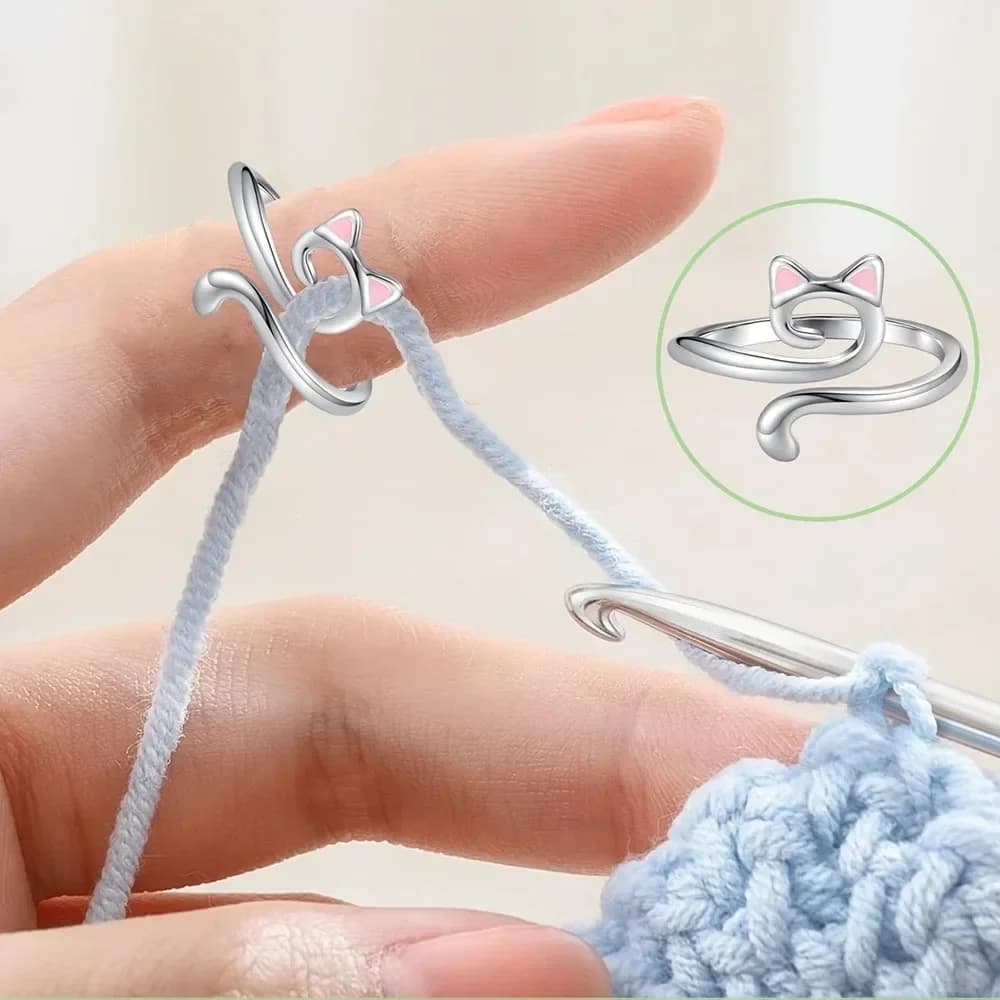 1 pz. Anello regolabile per tensione filo a forma di gatto, guida per filo, supporto per dito, accessori e strumenti per uncinetto e maglia