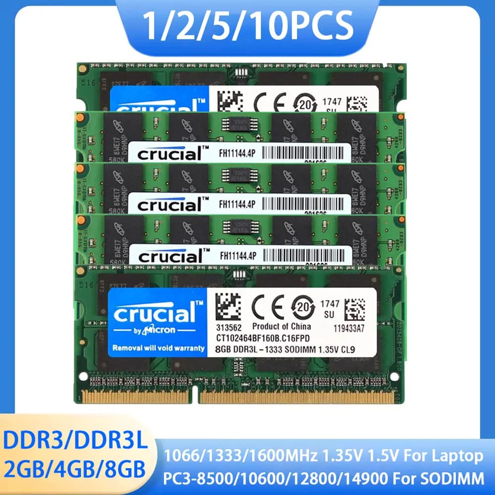 Crucial Laptop DDR3 DDR3L RAM 8GB 4GB 2GB 1066MHz 1333MHz 1600MHz PC3L-12800 10600 8500 Memoria SODIMM per Notebook 1.35V/1.5V