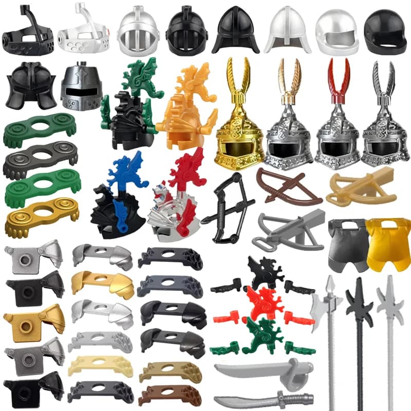 Castello medievale Cavaliere militare Building Block Soldato Armi Accessori Armatura Casco Spalla Armatura Mantello Arco Piuma Giocattolo A07