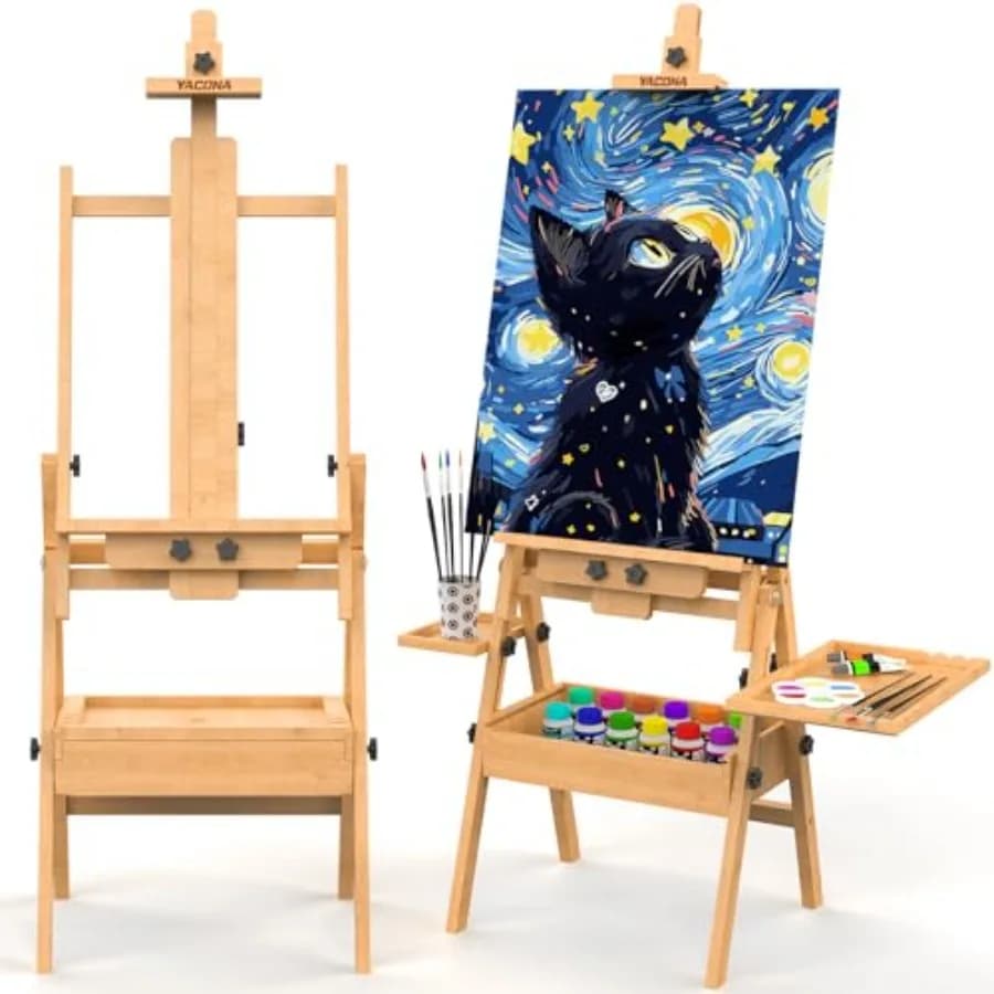 H stand in solid beech wood, large painting stand with box and palette, professional artistic folding study stand