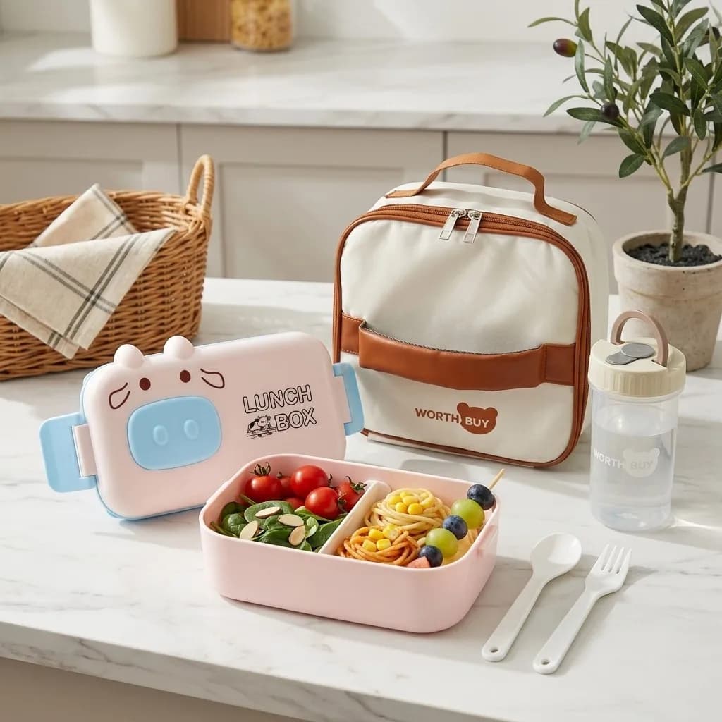 Kids Bento Box Plastic Microwavable Lunch Box Set with Cutlery Leakproof Divided Meal Prep Food Storage Containers for School