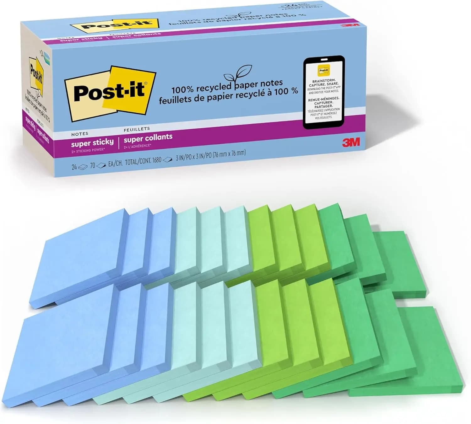 Blocchetti Adesivi Ecologici Super Appiccicosi, 7,6x7,6 cm, 24 Blocchetti da 70 Fogli Ciascuno, Design Oasis per Scuola e Ufficio