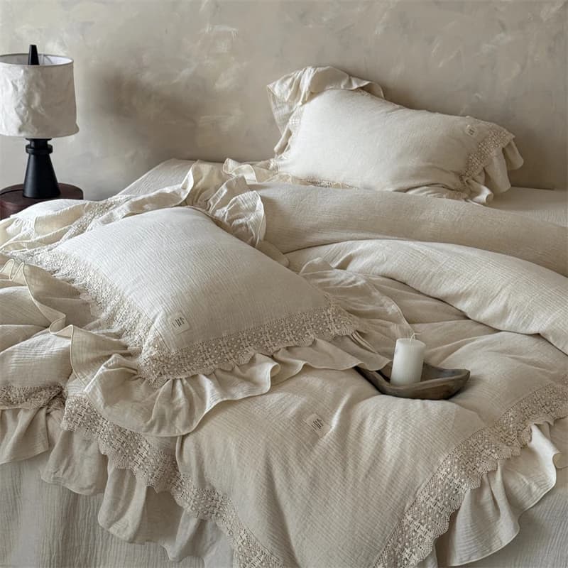 Luxury bedding set with vintage French cable lace volant, linen duvet and 80% cotton, flat/stick sheet, pillowcase, 4 pieces