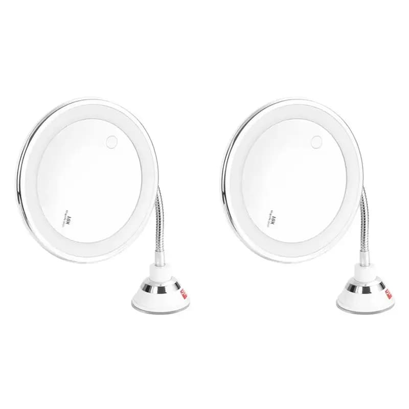 ABBY-2Pcs Specchio per Trucco Flessibile con Luce LED, Specchio Ingranditore 10X con Ventosa, Luce Diffusa Brillante