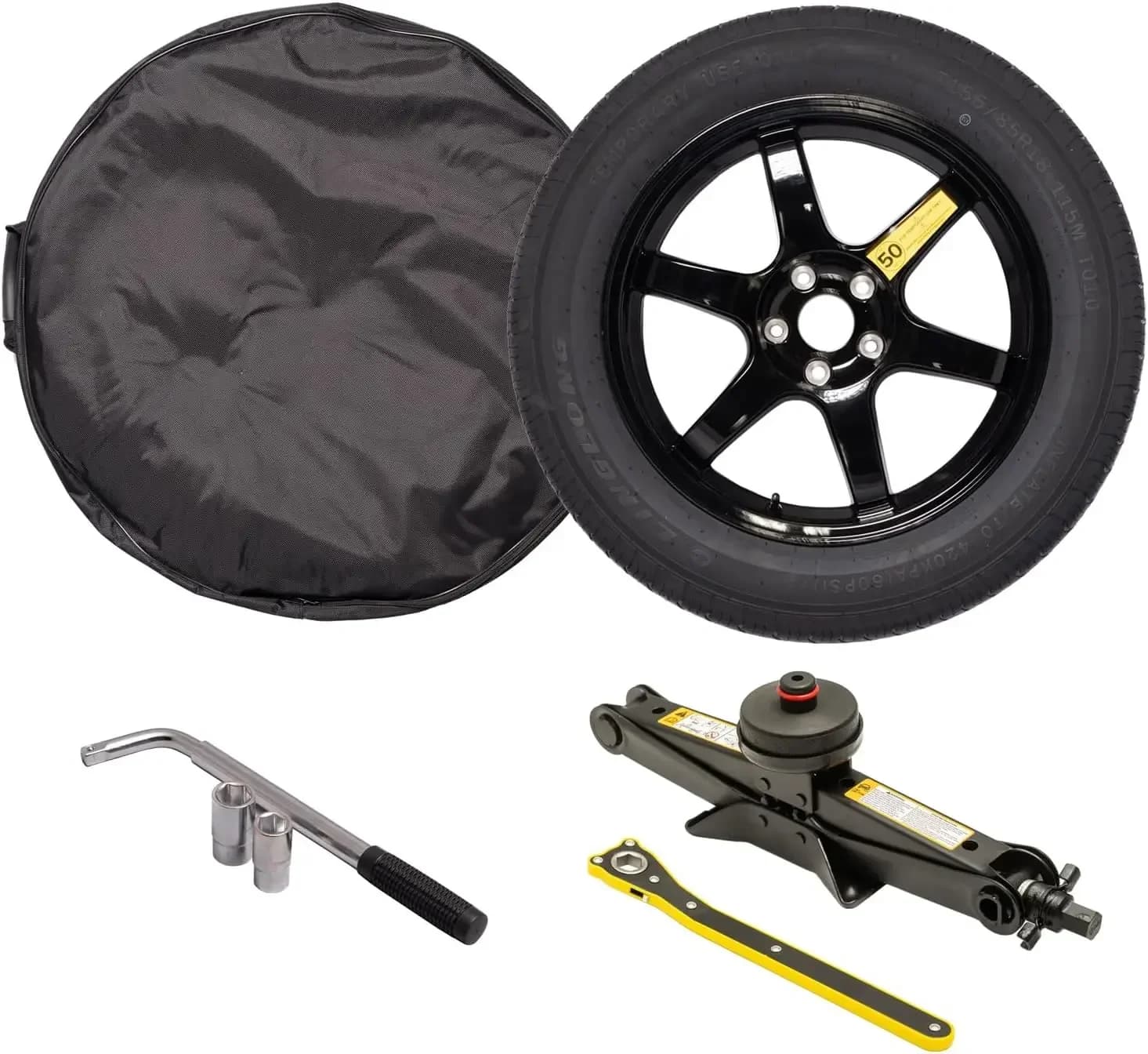 Fits 2020-2026 Tesla Model Y Spare Tire Kit, 18x4 Rim, Includes 2 Ton Scissor Jack, Tools, Carrying Bag, Also fits Juniper