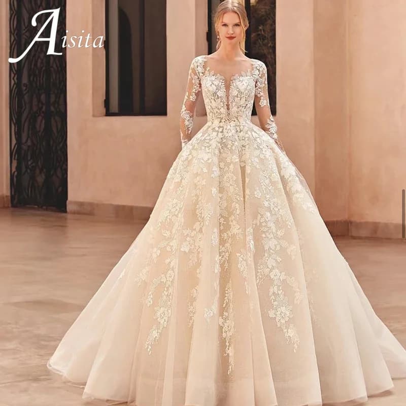 Abito da Sposa con Scollo a Cuore in Organza con Applicazioni Ricamate, Stile Ballgown in Pizzo a Maniche Lunghe, Personalizzabile, con Bottoni, Vestido De Novia