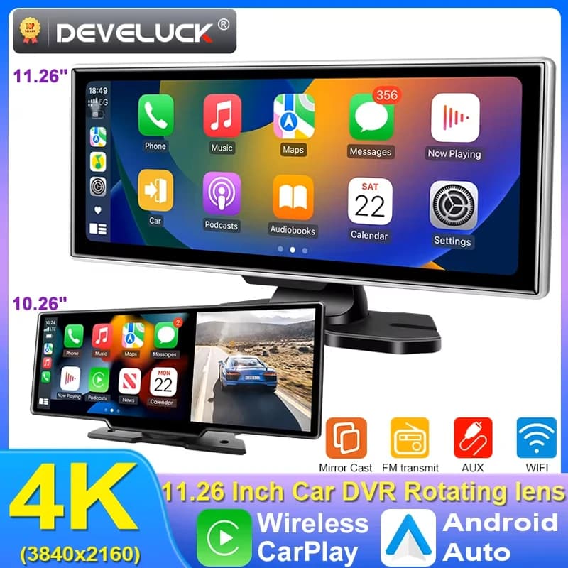 Dash Cam da 10/11,26 pollici 4K DVR per auto Wireless Carplay e Android Auto GPS Navigazione Videoregistratore Cruscotto Doppia lente Wifi FM AUX