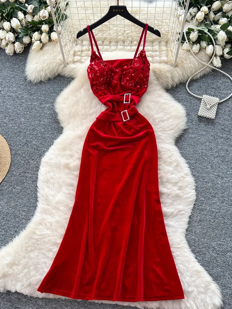 Foamlina Francese di Lusso Socialite Con Paillettes Abito di Velluto delle Donne 2025 Autunno Vita Sottile Temperamento Elegante Vestito Da Partito Lungo