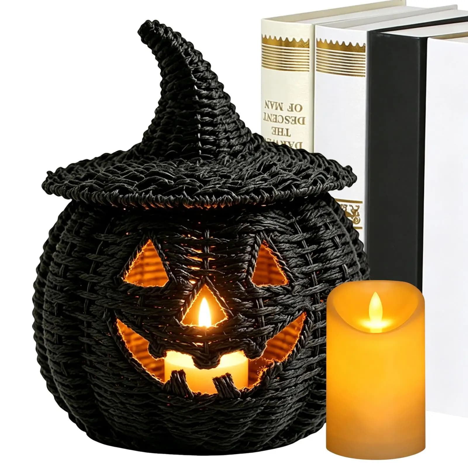Decorative Woven Pumpkin Basket LED Candle Halloween Storage Container Spooky Candy Storage Basket For Farmhouse Living Room