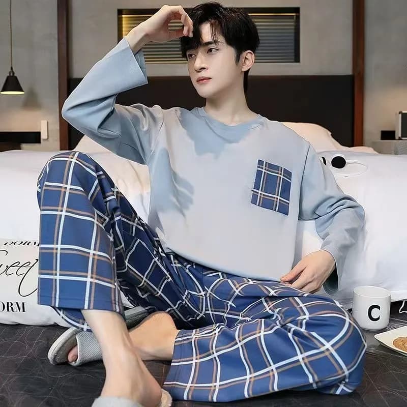 Men's Pajama Set Long Sleeve Black Striped Fall Winter Casual Home Loungewear with Pockets M-4XL