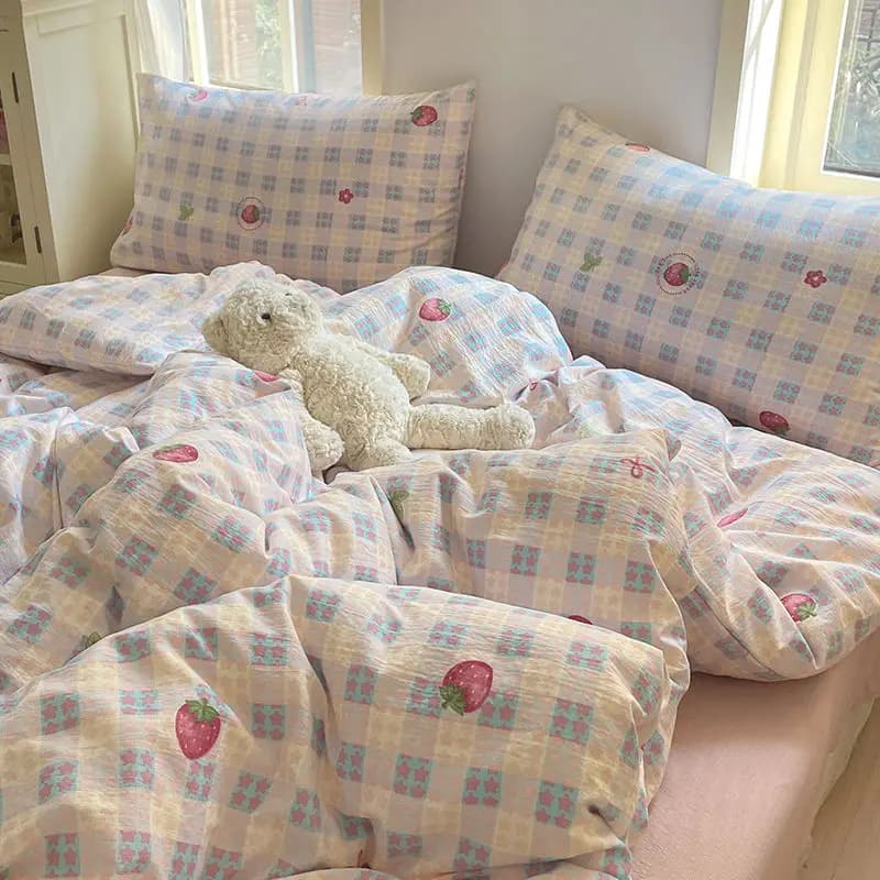 Set biancheria da letto Kawaii Fragola per bambini Copripiumino per adulti e lenzuolo piatto Federa Biancheria da letto per ragazze singola doppia full size