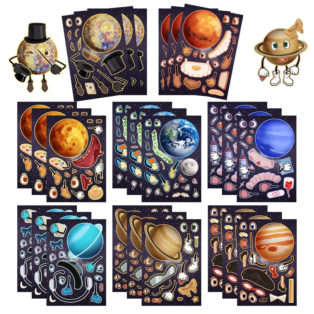 8 fogli Planet Make-A-Face assemblare decalcomania divertente del fumetto assemblare giocattoli educativi puzzle per bambini fai da te