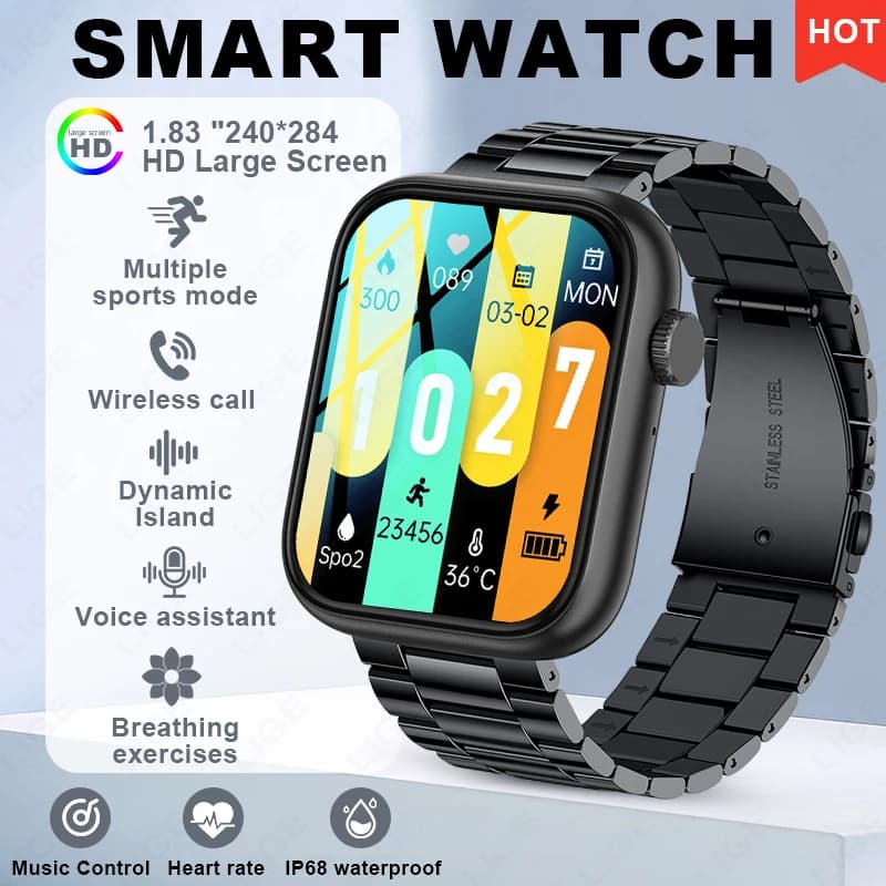 Smartwatch LIGE originale con display HD da 1,83'', cardiofrequenzimetro, assistente vocale, impermeabile, multifunzionale, nuovo smartwatch per uomo