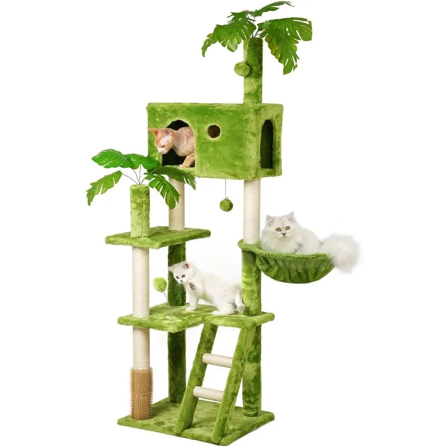 Albero per gatti alto con foglie per gatti da interno, torre per gatti verde con tiragraffi, amaca sospesa, persico accogliente, palla oscillante, autosufficio