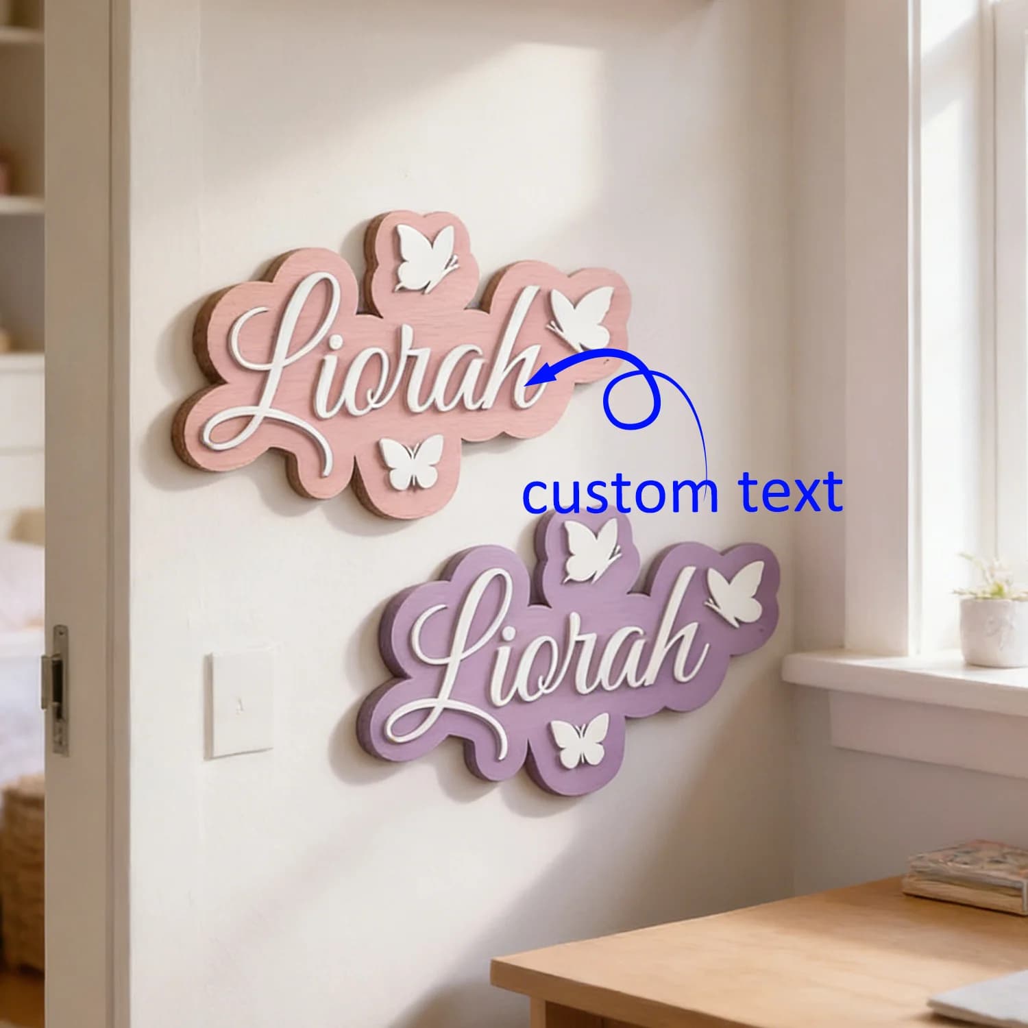 1 butterfly cloud wooden plaque with customizable name, children's room decoration, door name decoration,