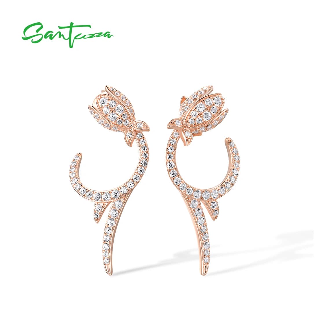 Authentic Sterling 925 Silver Earrings for Women Sparkling White CZ Tulip Flower Rose Gold Plated Unique Fine Jewelry