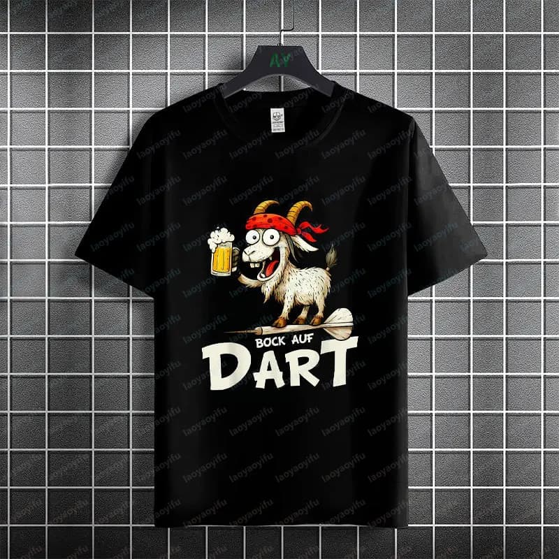 T-shirt divertente da uomo con grafica di freccette, design con capra che tiene una tazza di birra, 100% cotone, manica corta, casual, per giocatori di freccette e come regalo.