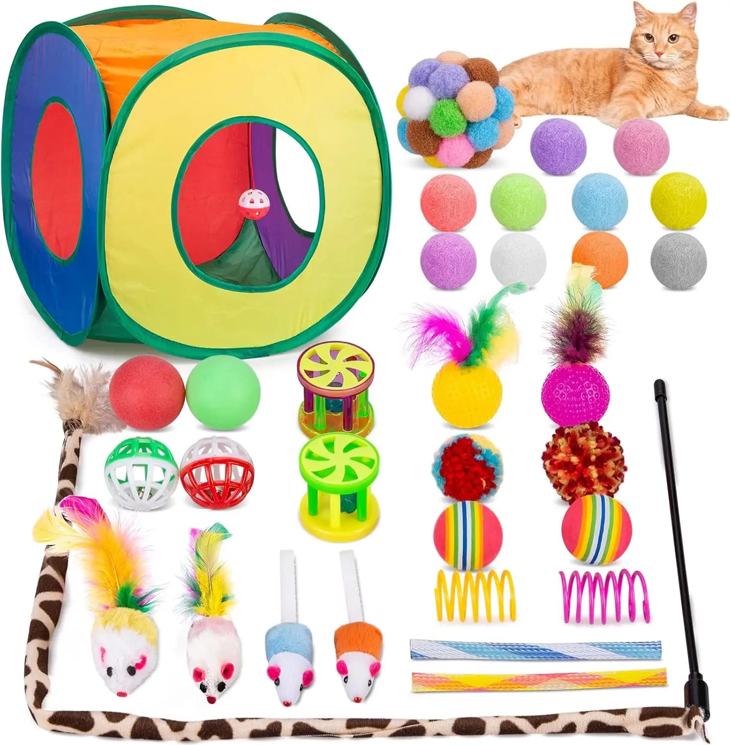 Set di Giocattoli per Gatti 33 Pezzi, Giochi Interattivi per Gattini da Interno con Tunnel Pieghevole e Tenda