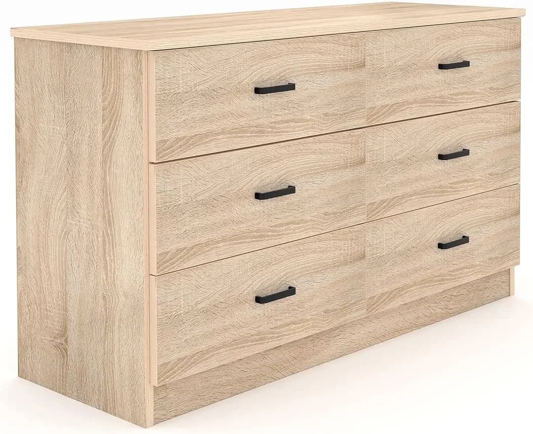 %a 6 Drawer Wood Double Dresser with Metal Handles for Bedroom, 15.8" D x 47.2" W x 27.7" H,Light Oak/Black/White/Walnut Brown