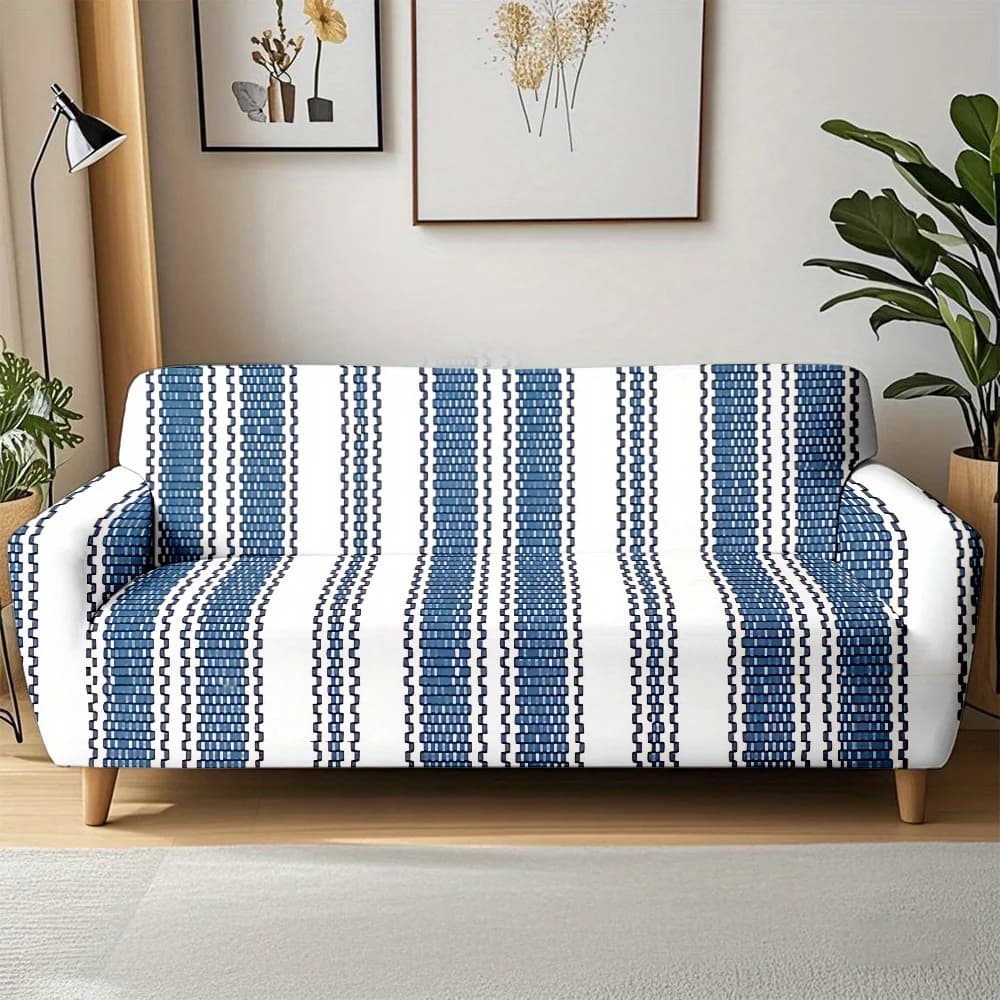 1pc Boho Blue White Geometric Stripe Print Stretch Sofa Cover, Modern Boho Couch Slipcover for Living Room Home Decor