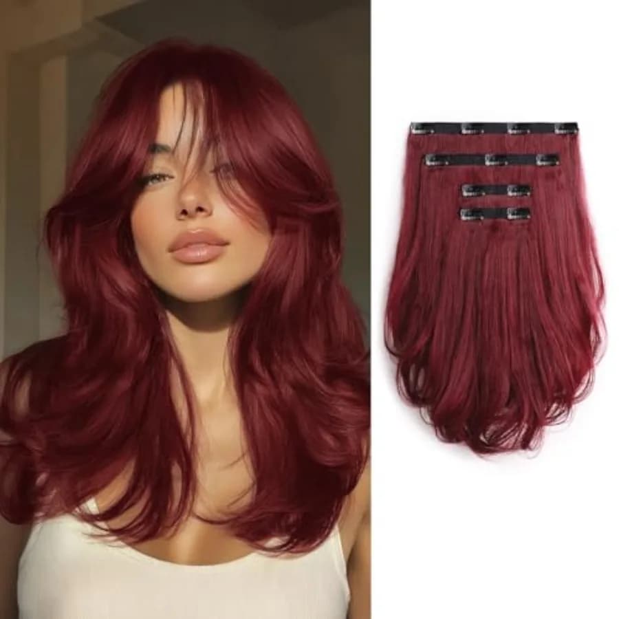 Clip in Hair Extensions Burgundy 14'' Long Invisible Synthetic Fake Hair Extensions 4PCS Soft Natural Clips on Hair Extension I