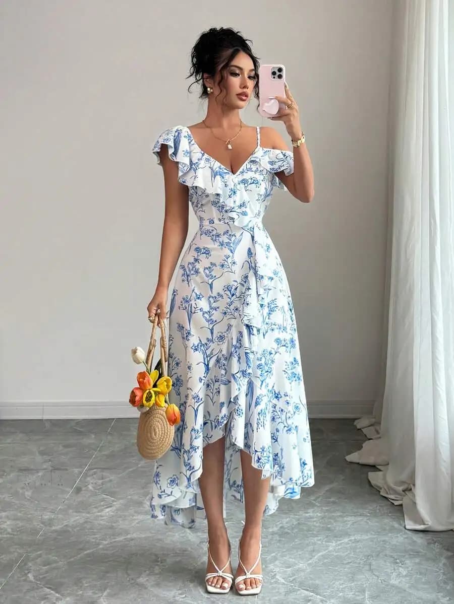Abito midi da donna con scollo a V, spalla asimmetrica, orlo con volant e stampa floreale