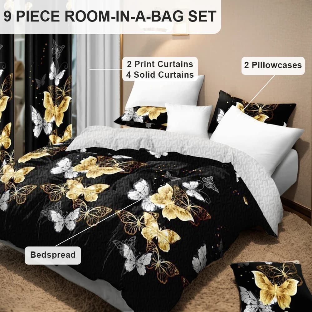 Set di Biancheria da Letto Black Gold Butterfly 9 Pezzi, Copriletto in Microfibra, 2 Tende Stampate, 4 Tende Tinta Unita, 2 Federe, Decorazione per la Casa