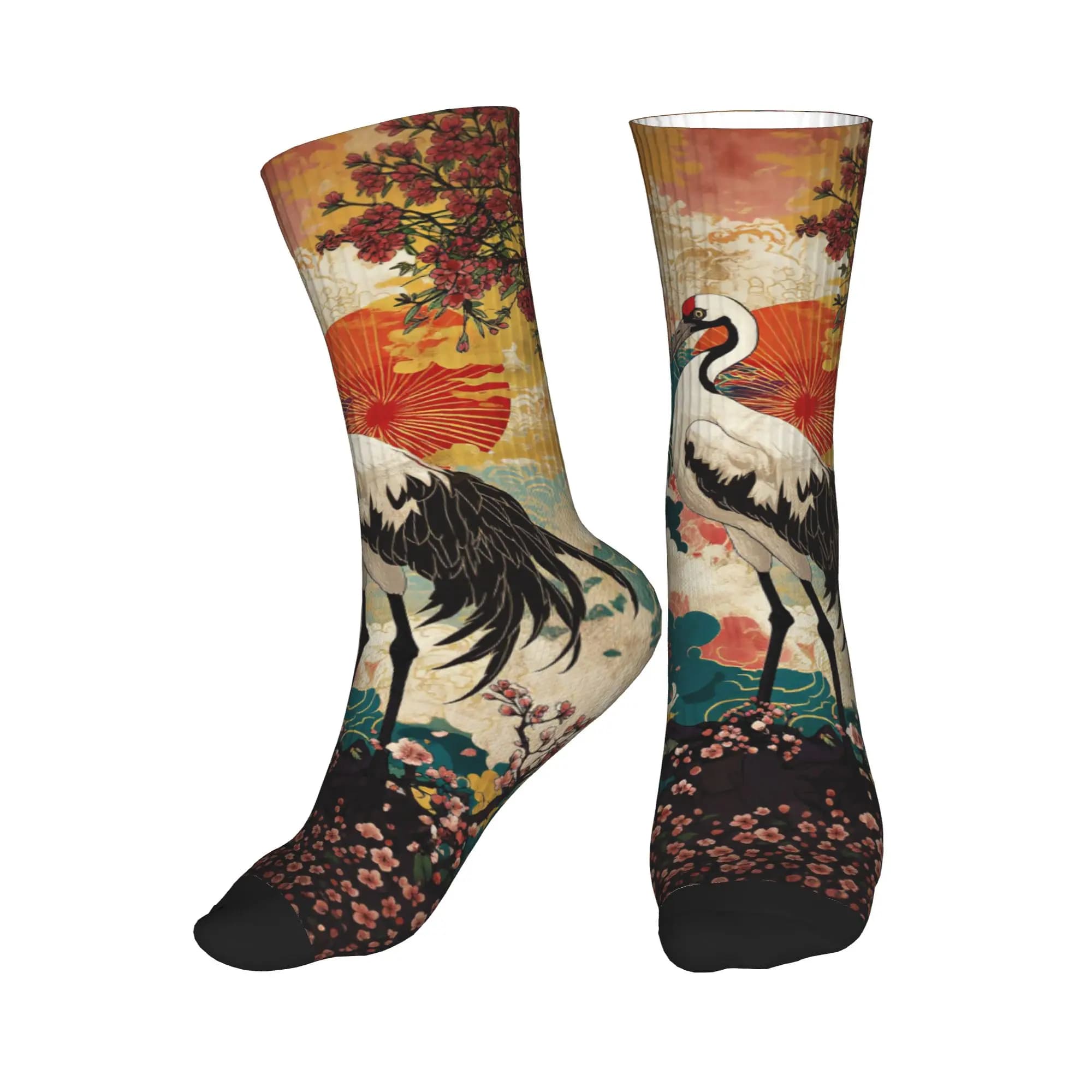 Fashion Men's Ukiyo-e Double Crane Cherry Blossom Sun Oriental Dress Socks Unisex Warm Breathbale 3D Print Crew Socks