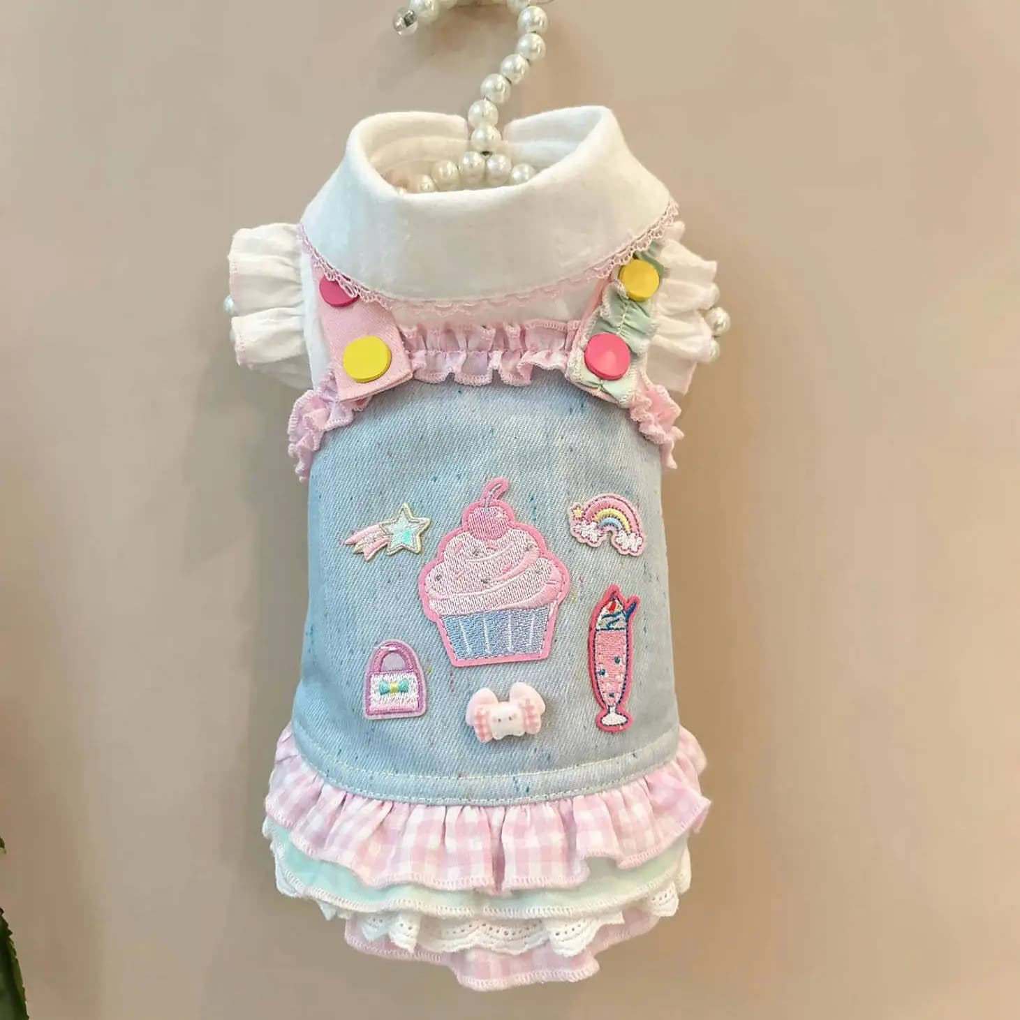 Cute Denim Dog Dress with Cupcake Embroidery Ruffle Skirt Pet Outfit for Small Dogs Chihuahua Yorkie Poodle Puppy Summer Clothes
