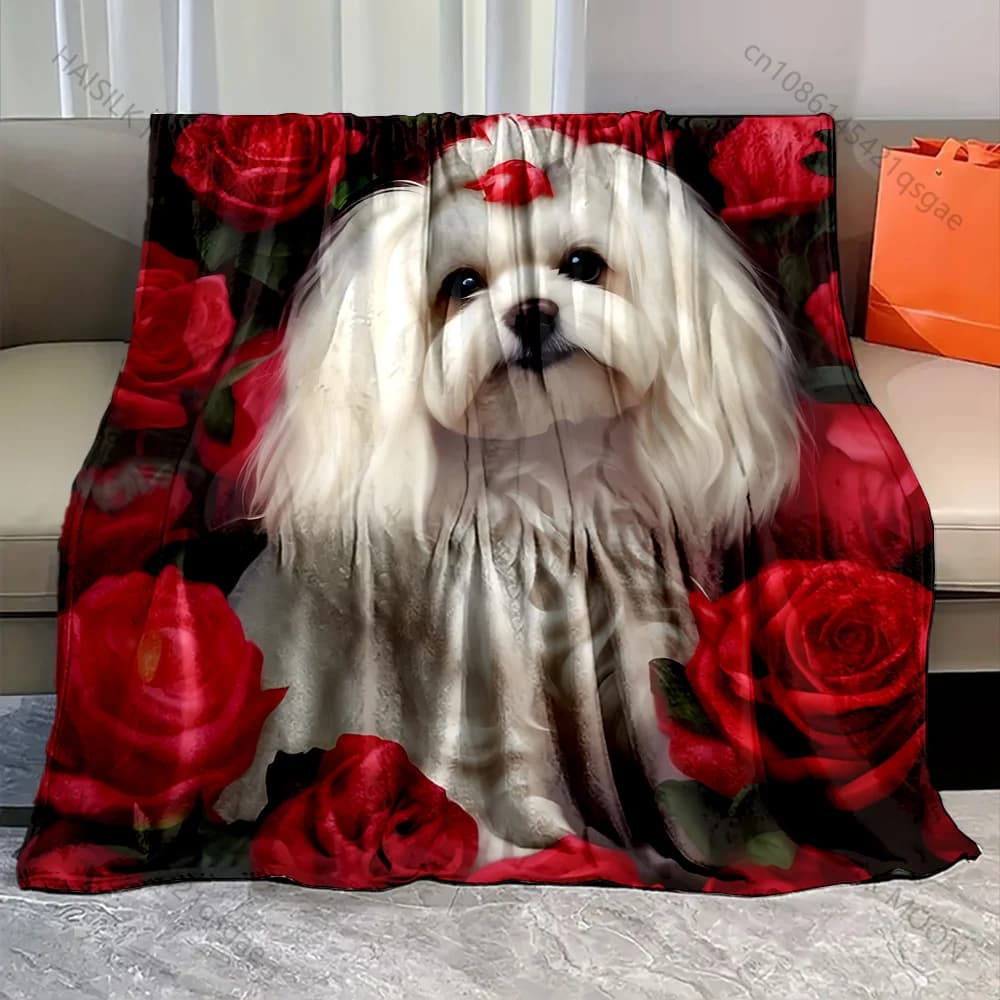 Coperta con motivo cane maltese e rose, calda, morbida e soffice, per divano letto per bambini e adulti, adatta per viaggi a casa, campeggio