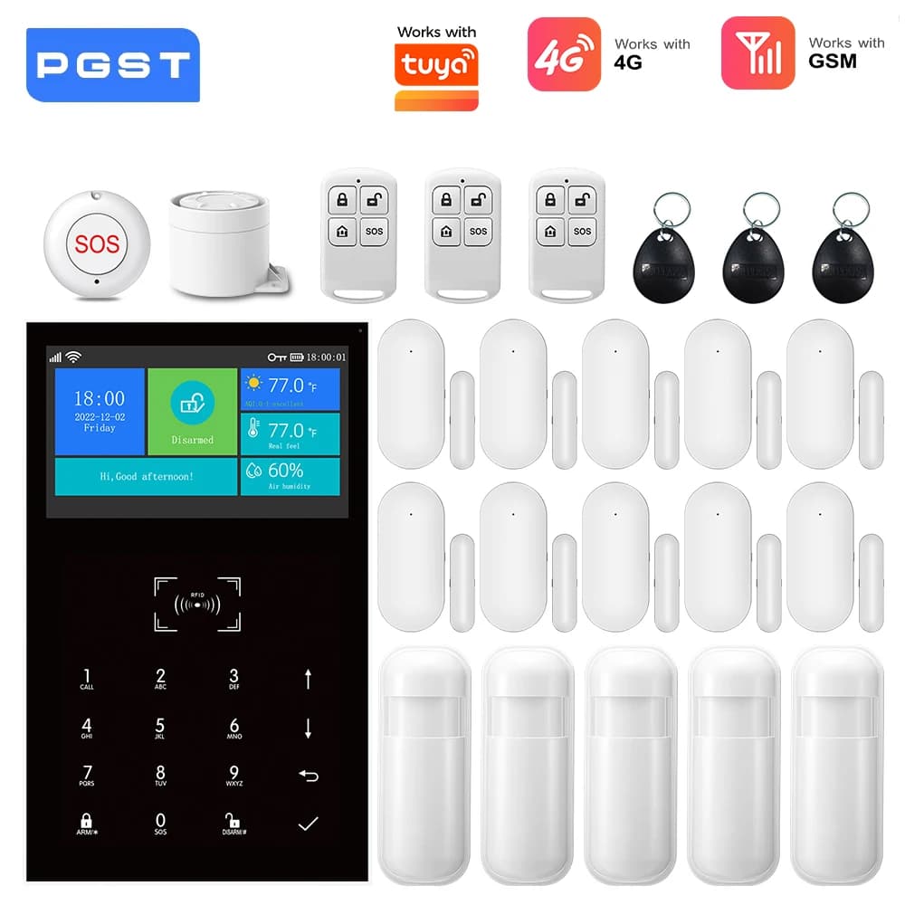 Sistema di Allarme 4G GSM WiFi Compatibile con Tuya Smart Home, Kit di Sicurezza Wireless con Sensore per Porta, Funziona con Alexa, Senza Canone Mensile per la Casa