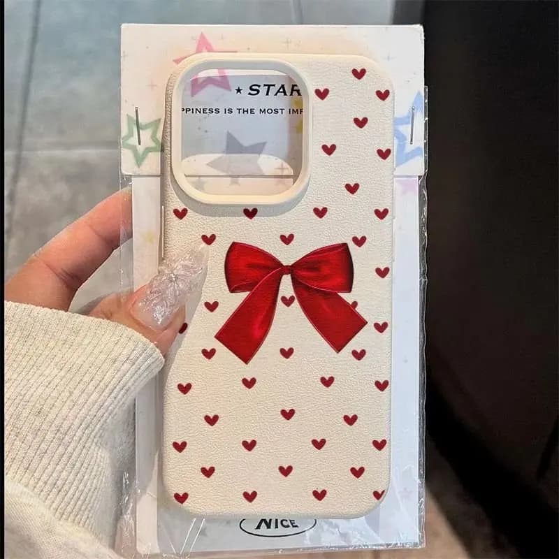 Cover per iPhone con Cuore Rosso, Motivo Lychee e Fiocco per iPhone 17E 16 15 Pro Max 14 13 12 11 XS Max X XR 7 8 Plus 16E 17 Air