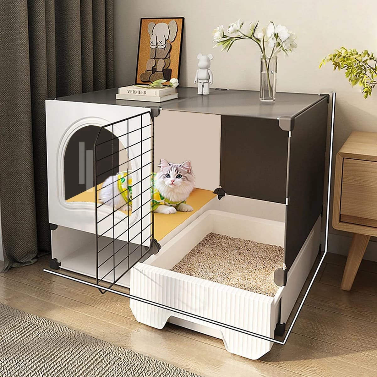 Gabbia per gatti salvaspazio con toilette integrata per uso domestico in piccoli appartamenti, villa per gatti con gabbia vuota e lettiera