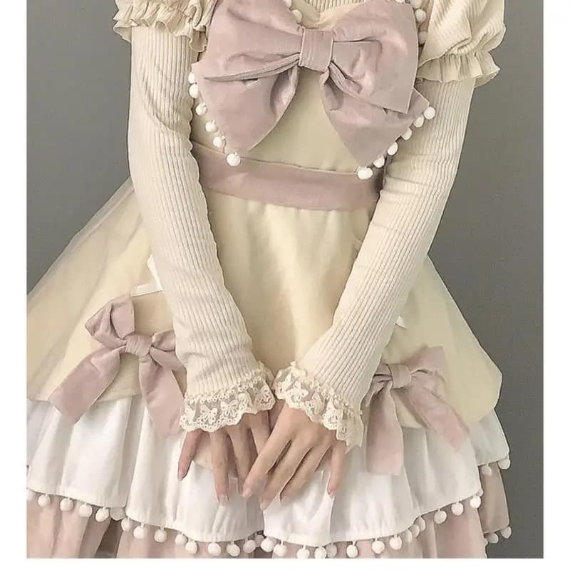 Japanese knitted women's pullover with bow patchwork Y2k aesthetic sweater Lolita lace sleeve Kawaii sweet woman sweater clothes