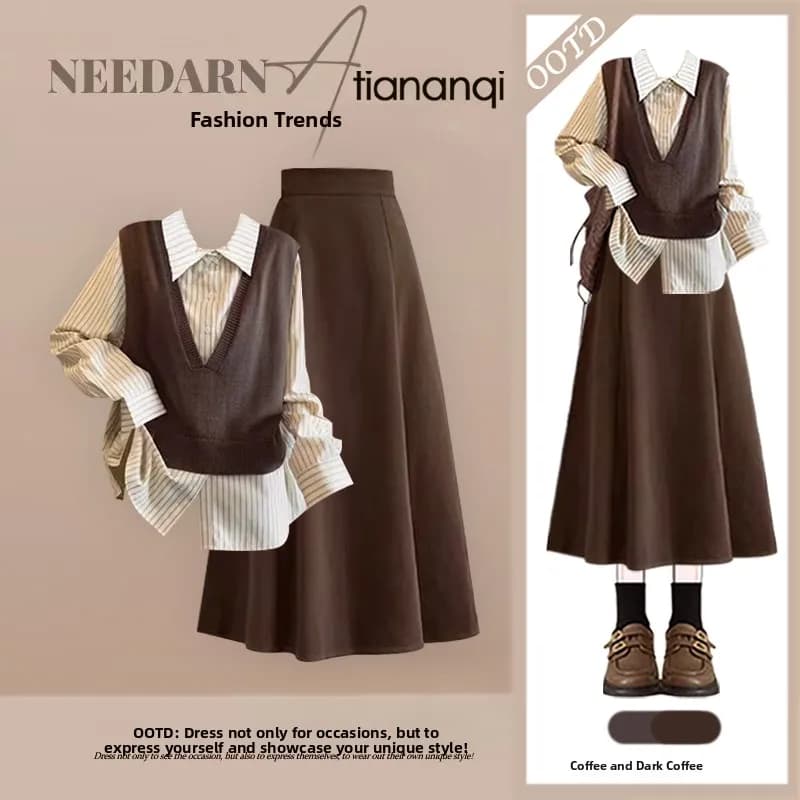 Fall Korean Artistic Stripe Knitted Vest Shirt Slimming Skirt Three-Piece Set Women's Fashion Ensemble Autumn Collection