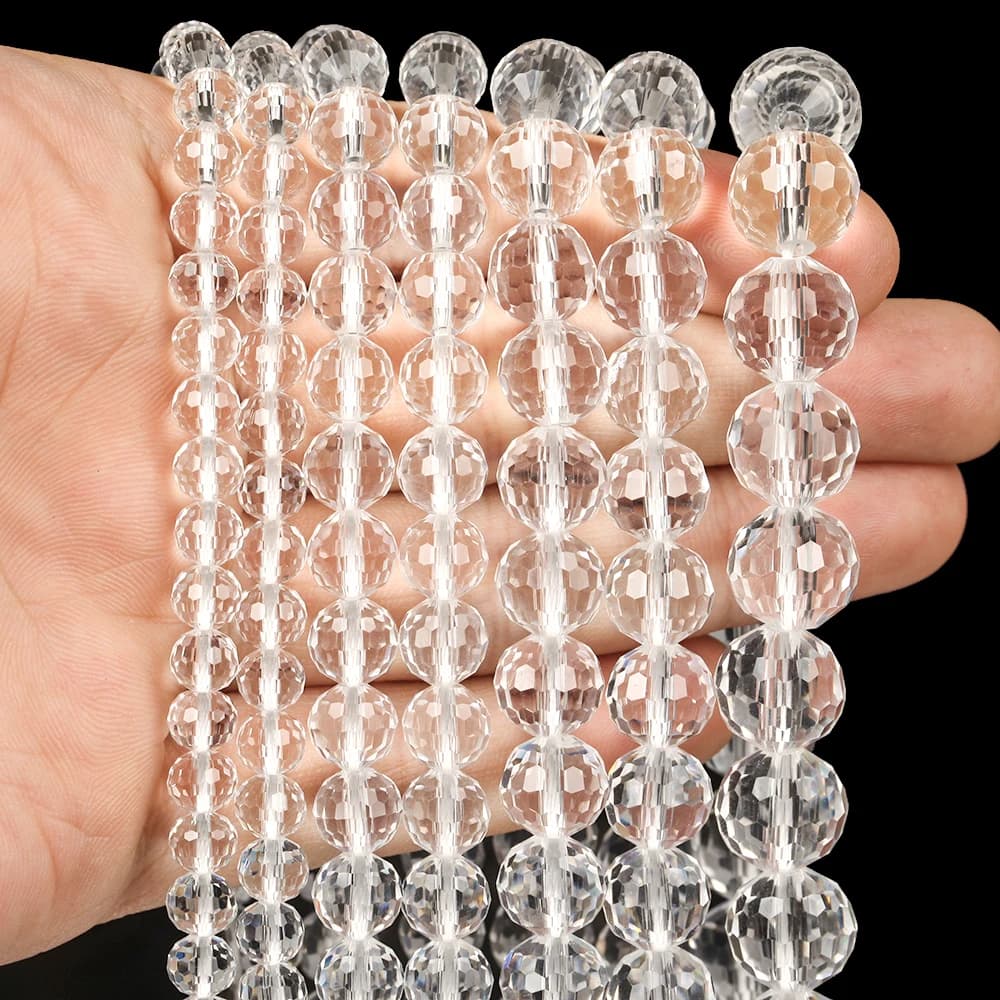 Faceted 6mm-12mm Natural White Crystal Clear Quartz Disco Ball Round Beads for Jewelry Making Bracelet Necklace Accessories 15"