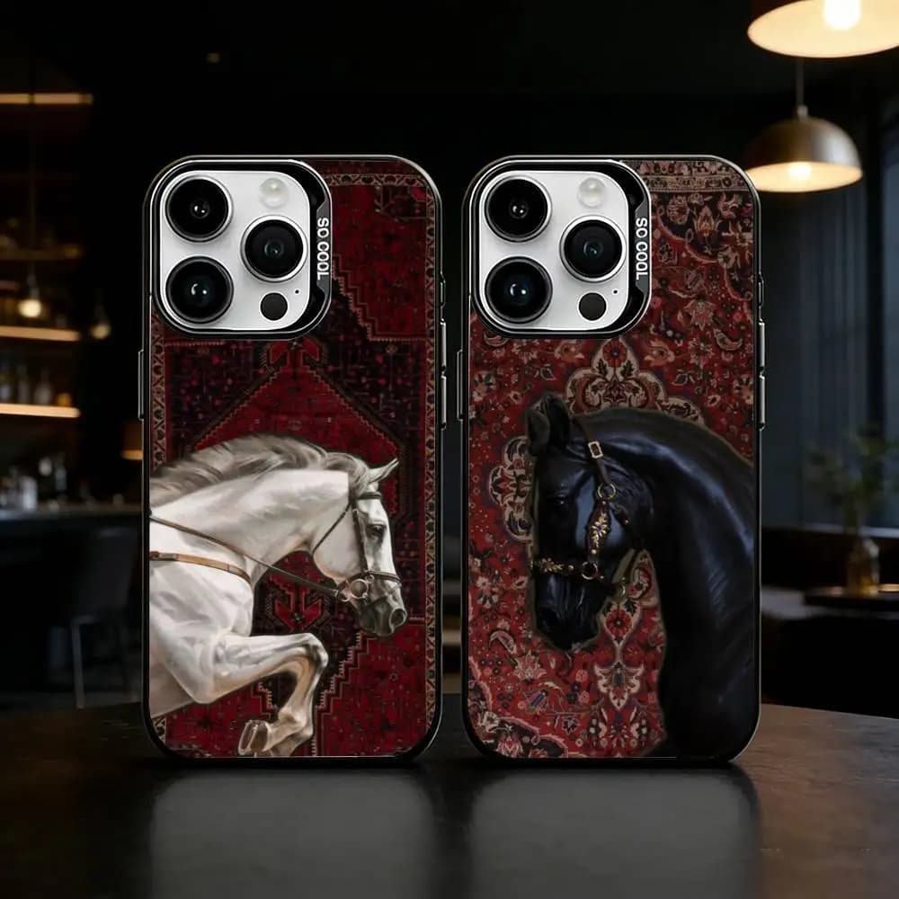 Cover per iPhone con motivo Cavallo per iPhone 17, 16, 15, 14, 13, 12, 11, Pro Max, Plus, in argento Candy