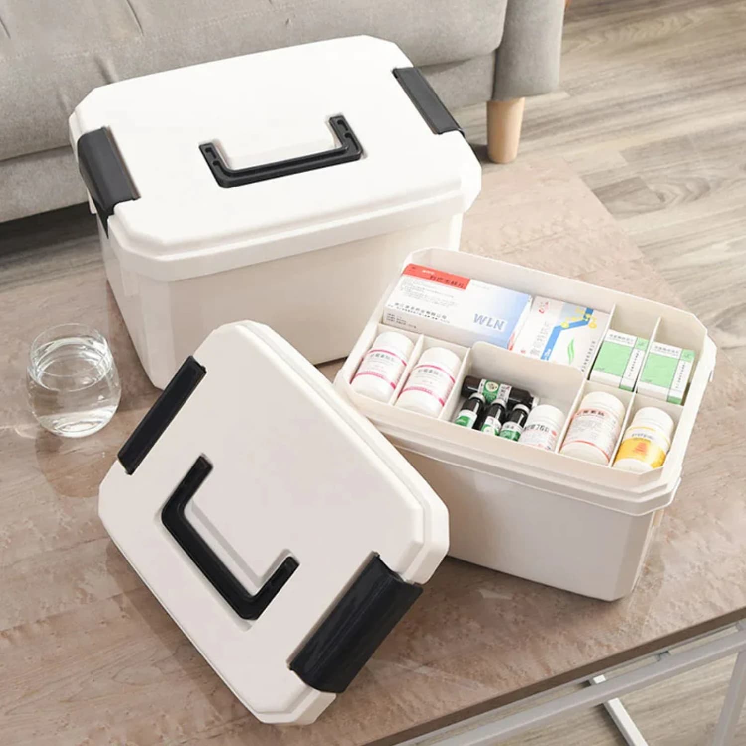 Armadietto dei medicinali multistrato portatile per uso domestico Scatola di immagazzinaggio portatile in plastica multifunzione Kit di pronto soccorso per farmacia ospedaliera