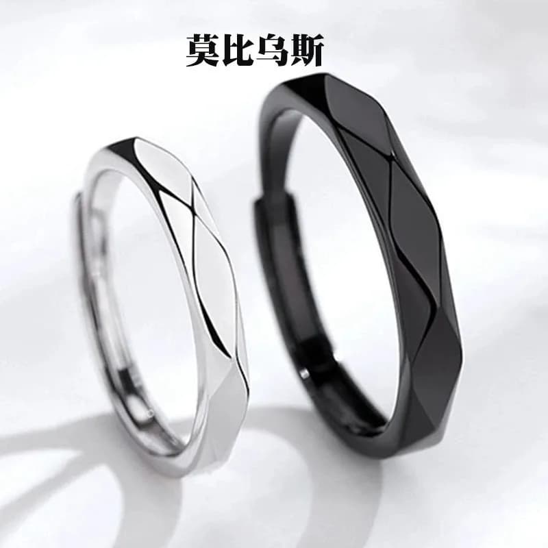 Anello di coppia Mobius a rombo liscio in argento, di lusso leggero, di alta gamma, bianco e nero, per uomo e donna