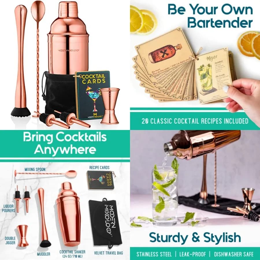Set da Cocktail 8 Pezzi con Borsa in Velluto, Kit Completo per Barman, Include Shaker con Filtro, Jigger, Muddler, Cucchiaio