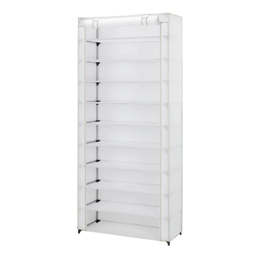 10 Shelf Organizer Shoe Rack with Cover to Hold 30 Pair Shoes 31.5 in W x 13.46 in D x 69.09 in H White